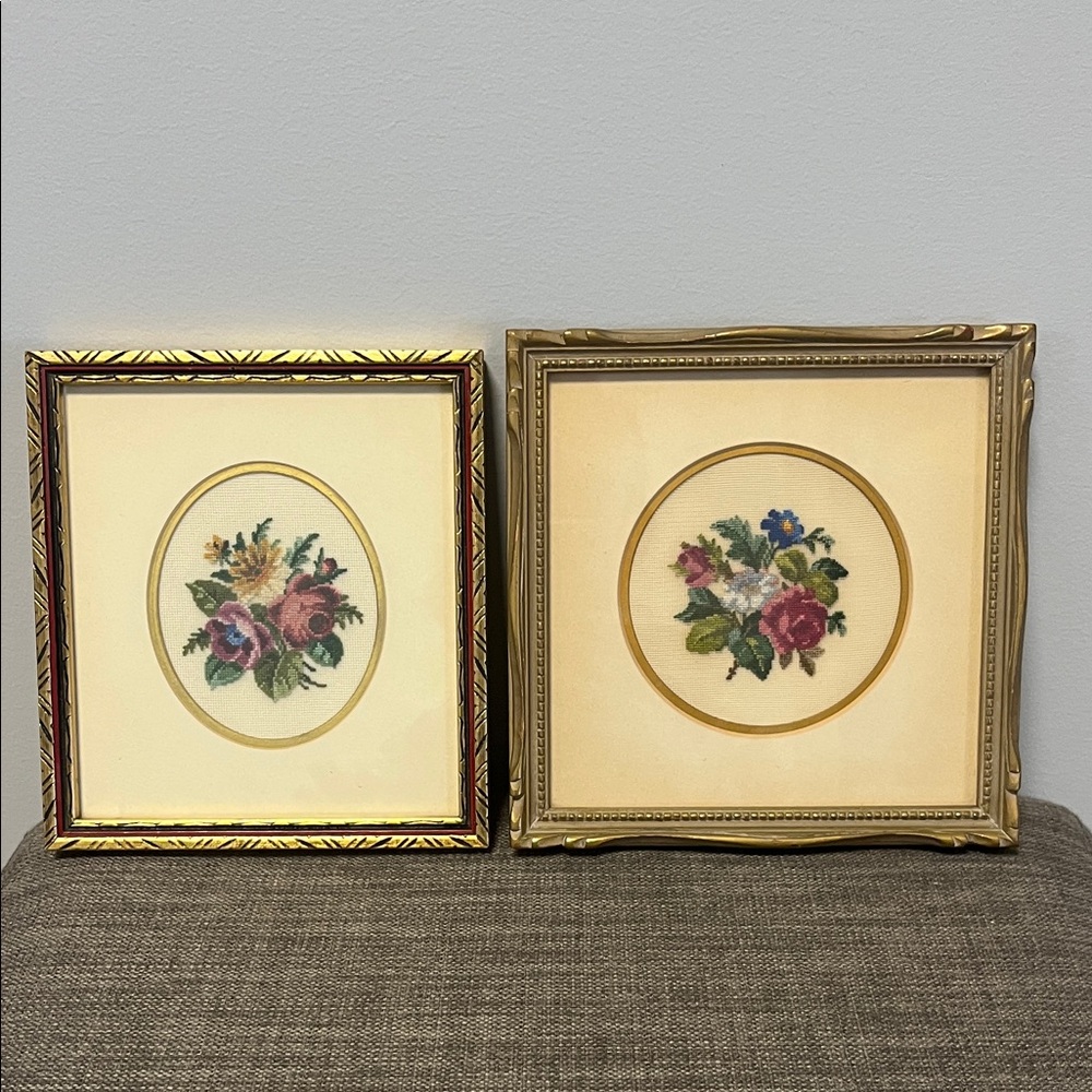 Floral Embroidered Wall Art Set in Wooden Frame